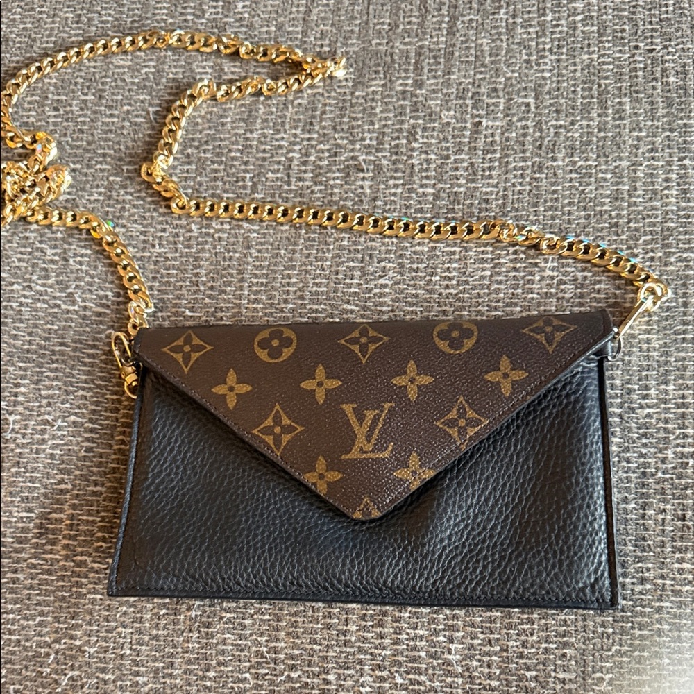 Louis Vuitton Black and Brown Clutch with Gold Chain